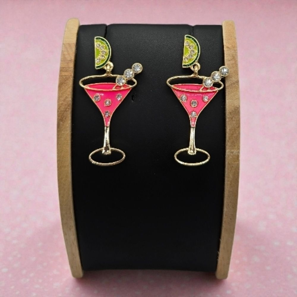 Pink Enamel Martini Glass Rhinestone Cocktail Earrings Sparkly Statement Jewelry